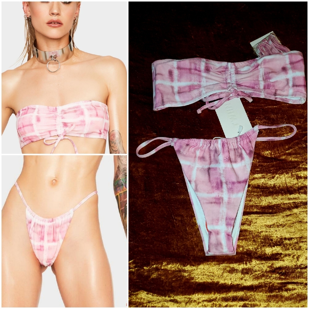 Twiin No Doubt Pink Plaid String Bikini Set